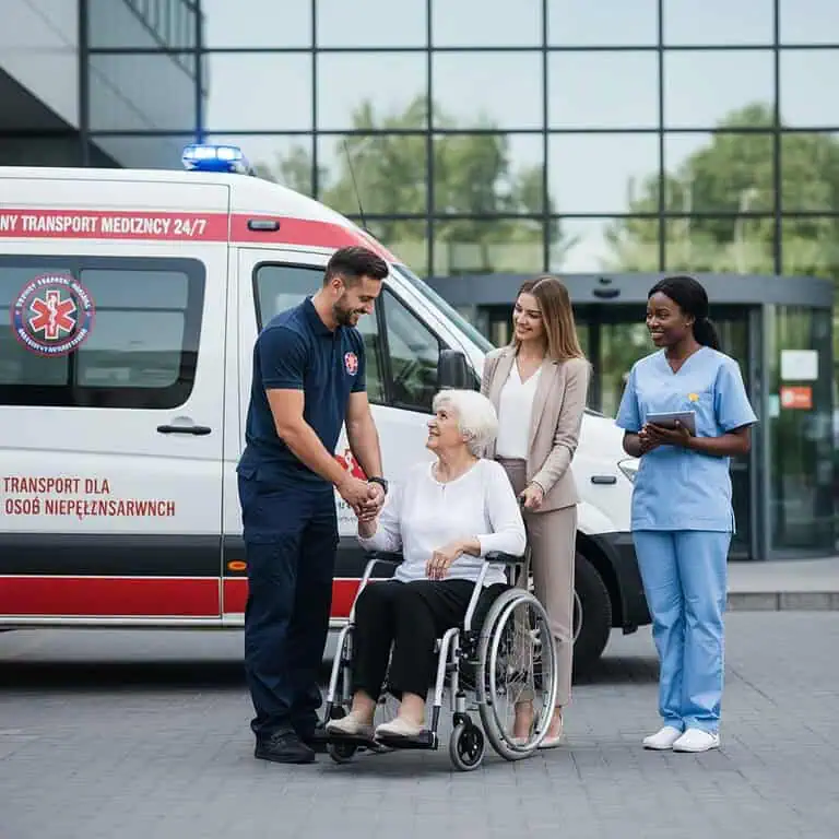 Ambulans wyjazdowy dla osób niepełnosprawnych, obsługa medyczna, personel pomocniczy, ratownik medyczny, starsza kobieta w wózku inwalidzkim, korzystanie z profesjonalnego transportu medycznego, nowoczesne rozwiązania dla pacjentów z niepełnosprawnościami, dostępność usług, bezpieczeństwo i komfort przewozu, usługi transportowe dla osób z ograniczoną mobilnością, opieka nad pacjentami podczas przewozu.