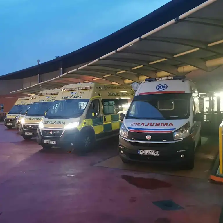 Ambulansy do transportu osób niepełnosprawnych pod dworcem, linie pogotowia ratunkowego, pojazdy medyczne, nowoczesne samochody ratunkowe, przewóz osób niepełnosprawnych, usługi transportu medycznego, dostępne dla pacjentów z ograniczeniami ruchowymi, profesjonalna pomoc medyczna na miejscu.