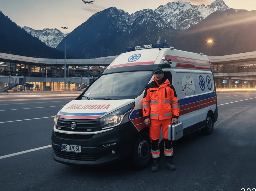 Ambulanse samochód z ratownikiem medycznym na parkingu z górami w tle, usługa transportu osób niepełnosprawnych, szybki i bezpieczny przewóz pacjentów, profesjonalna pomoc medyczna.