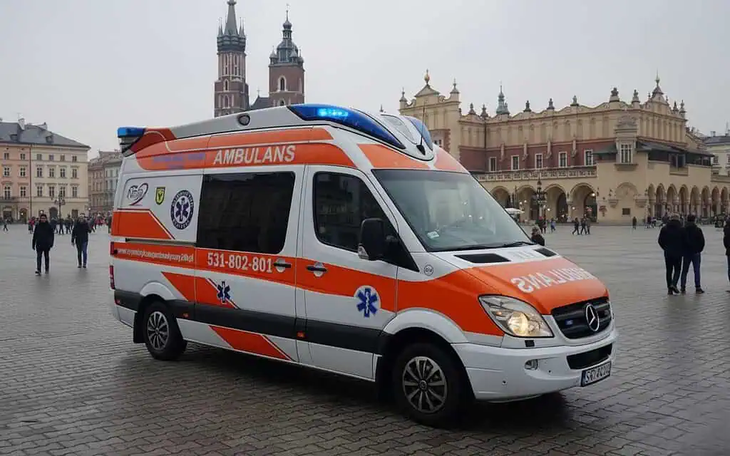Mercedes-Benz Sprinter z ambulansowym oznakowaniem i uruchomionym niebieskim światłem, przeznaczony do przewozu osób niepełnosprawnych, na tle zabytkowych budynków w centrum miasta.