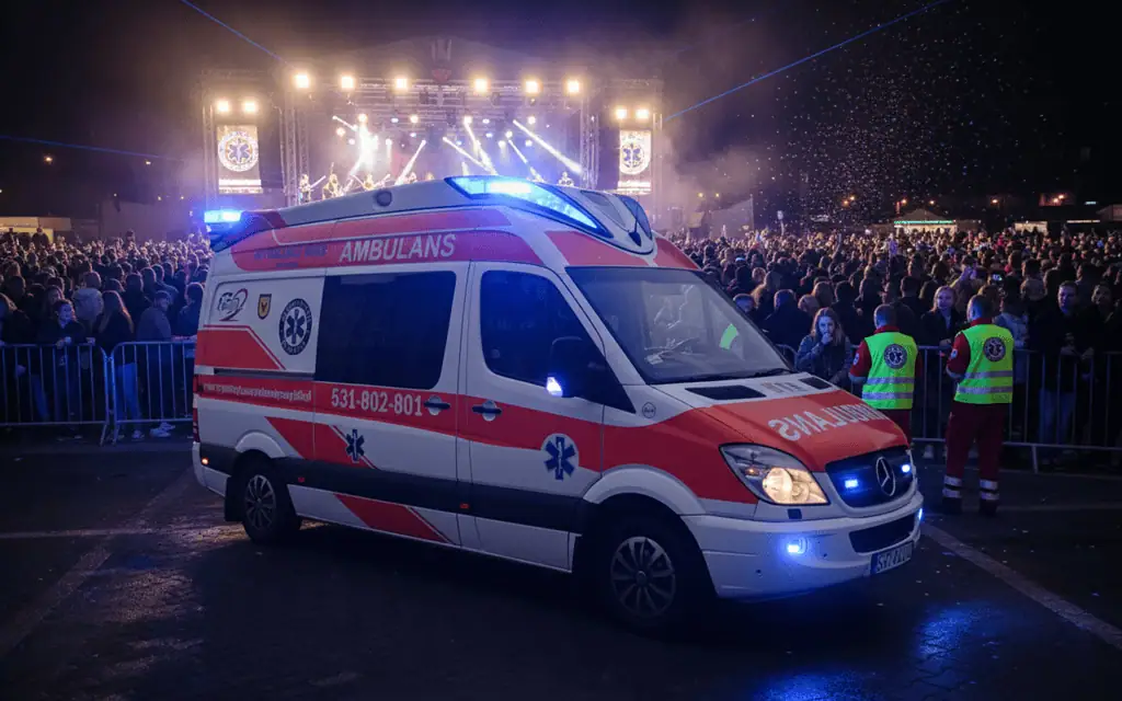 Samochód ambulans w akcji podczas wydarzenia muzycznego z tłumem ludzi i oświetleniem sceny w tle.
