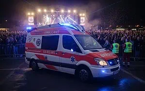 Ambulans na evencie muzycznym, ratownictwo medyczne, nowoczesny pojazd medyczny, publiczna zbiórka na leczenie, pomoc medyczna w tłumie ludzi.